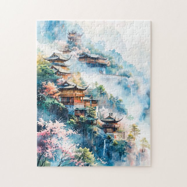 Quebra-cabeça Pintura aquosa de templos chineses (Vertical)