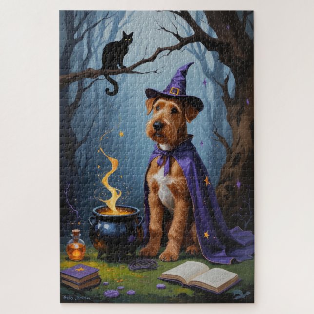 Quebra-cabeça Pintura Caprichosa de Halloween de Cão Airedale (Vertical)