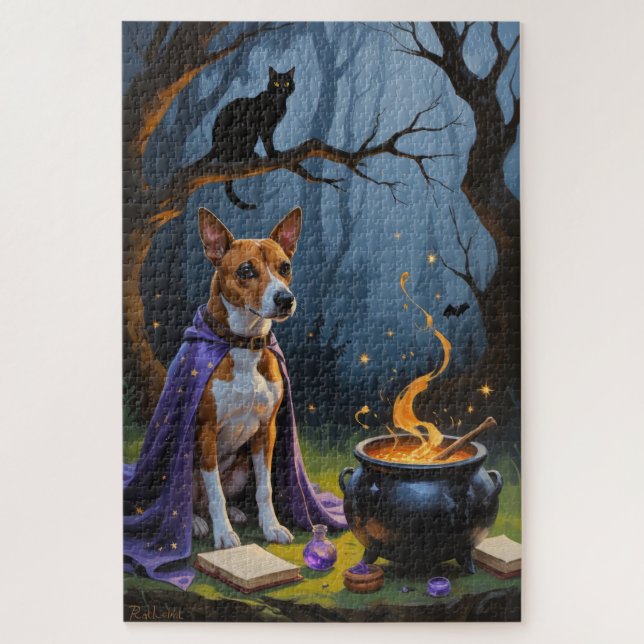 Quebra-cabeça Pintura Caprichosa de Halloween do Cão Basenji (Vertical)