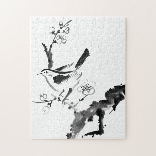 Quebra-cabeça Pintura chinesa, flor da ameixa e pássaro (Vertical)