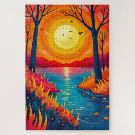 Quebra-cabeça Pintura da Natureza Vibrante do Rio ao Pôr do Sol