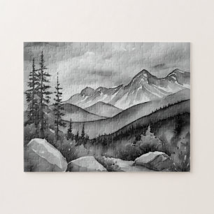 Quebra-cabeça Pintura da paisagem branca e preta de montanhas