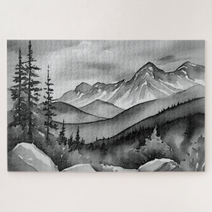 Quebra-cabeça Pintura da paisagem branca e preta de montanhas