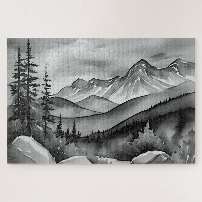 Quebra-cabeça Pintura da paisagem branca e preta de montanhas (Horizontal)