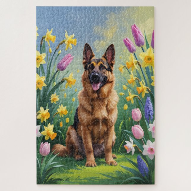 Quebra-cabeça Pintura das flores da primavera do german shepherd (Vertical)