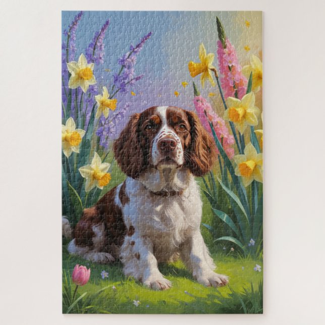 Quebra-cabeça Pintura das Flores de Cachorro Brittany Spaniel (Vertical)