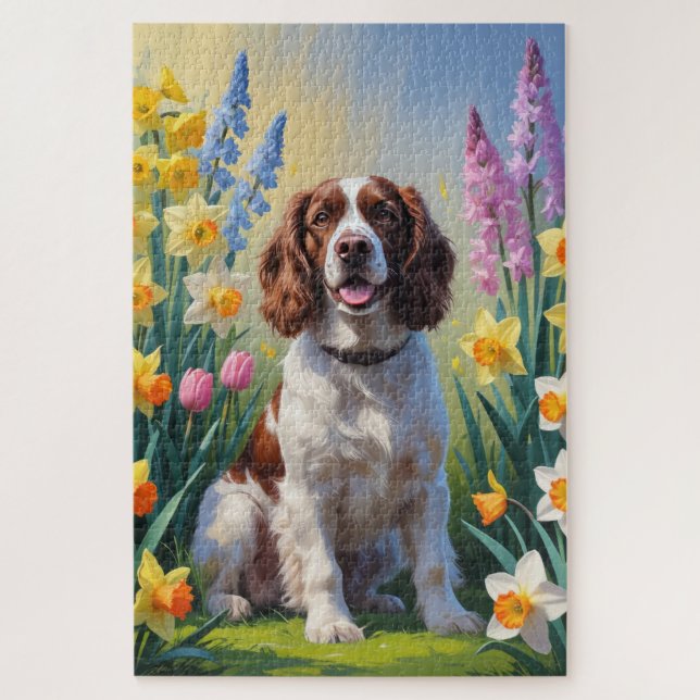 Quebra-cabeça Pintura das Flores de Mola de Cachorro Springer Sp (Vertical)