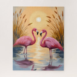 Quebra-cabeça Pintura de Animais do Pôr do Sol de Flamingos Rosa