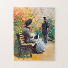 Quebra-cabeça Pintura de Casal no Jardim com Cat no Lap