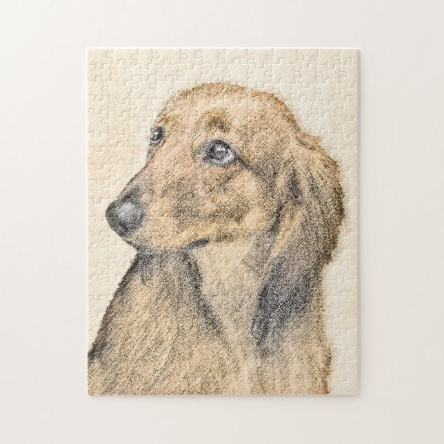 Quebra-cabeça Pintura de Dachshund (Longhaired) - Arte de Cão Or (Vertical)