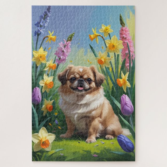 Quebra-cabeça Pintura de Flores da Primavera do Cão Pequinês (Vertical)