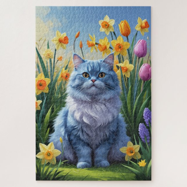 Quebra-cabeça Pintura de Flores da Primavera do Gato Azul Orient (Vertical)