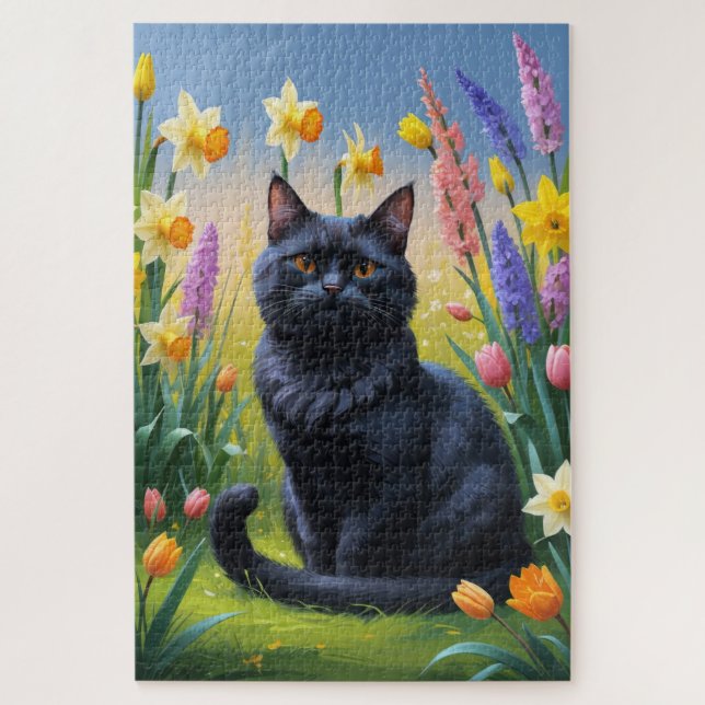 Quebra-cabeça Pintura de Flores da Primavera do Gato Preto (Vertical)