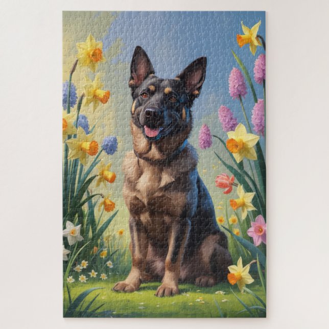 Quebra-cabeça Pintura de Flores da Primavera do Malinois Belga (Vertical)