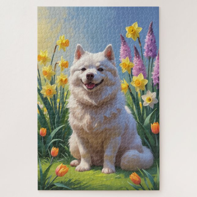 Quebra-cabeça Pintura de Flores de Cachorro Eskimo Americano (Vertical)