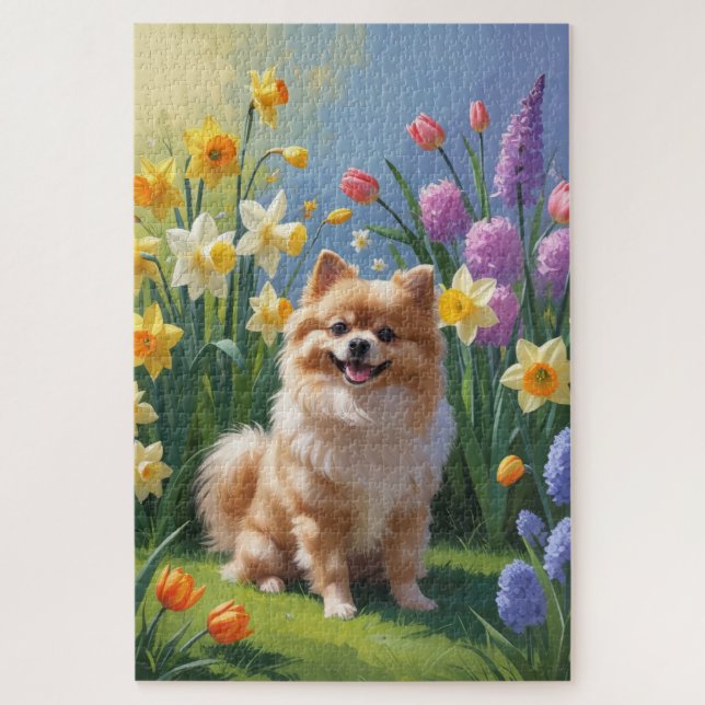 Quebra-cabeça Pintura de Flores de Cão da Pomerânia (Vertical)
