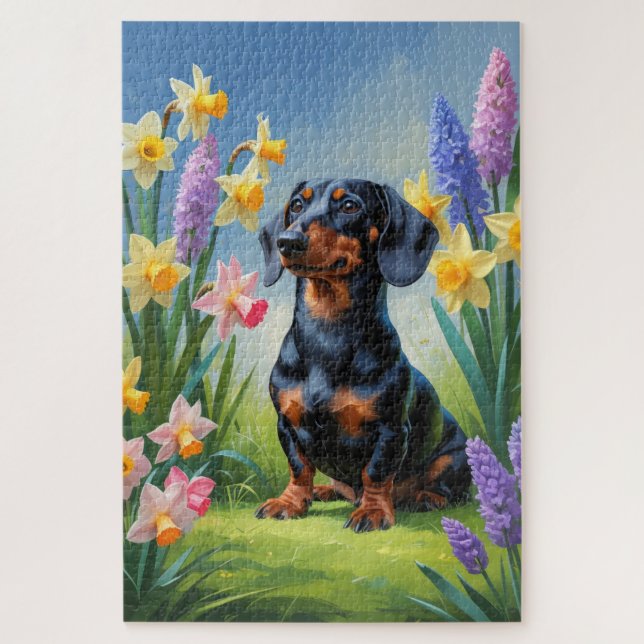 Quebra-cabeça Pintura de Flores de Cão de Dachshund (Vertical)