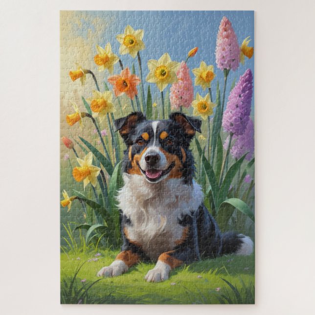 Quebra-cabeça Pintura de Flores de Cão Kelpie Australiano (Vertical)