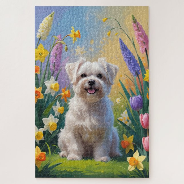 Quebra-cabeça Pintura de Flores de Cão Maltês (Vertical)