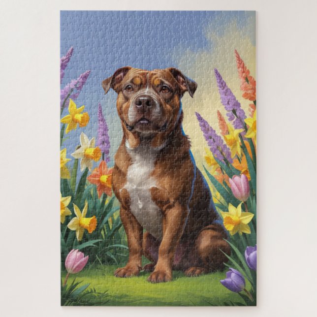 Quebra-cabeça Pintura de flores de cãozinho americano Staffordsh (Vertical)