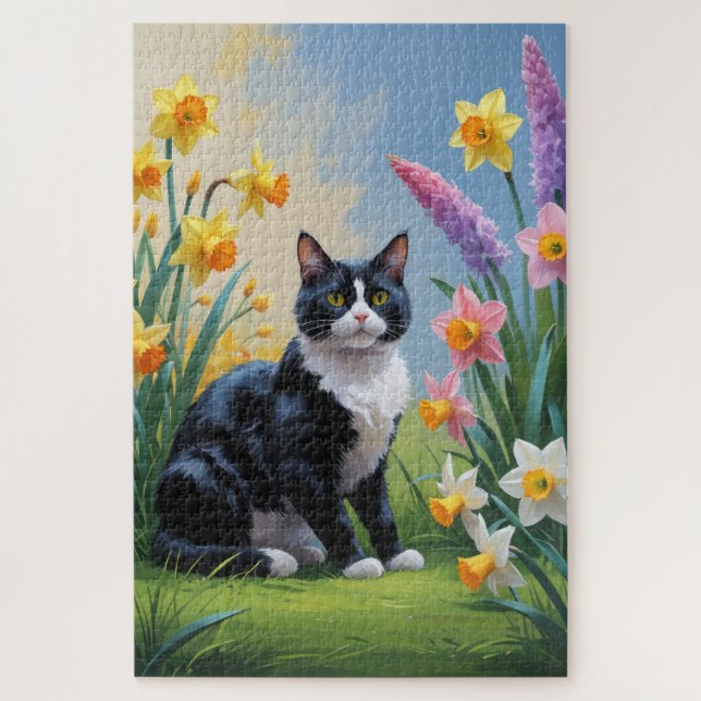 Quebra-cabeça Pintura de Flores de Mola de Gato Tuxedo (Vertical)