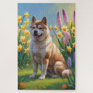 Quebra-cabeça Pintura de Flores de Primavera do Cão Akita
