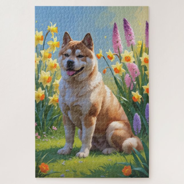 Quebra-cabeça Pintura de Flores de Primavera do Cão Akita (Vertical)