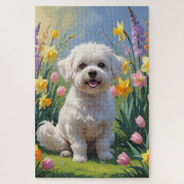Quebra-cabeça Pintura de Flores de Primavera do Cão Bichon Frise (Vertical)