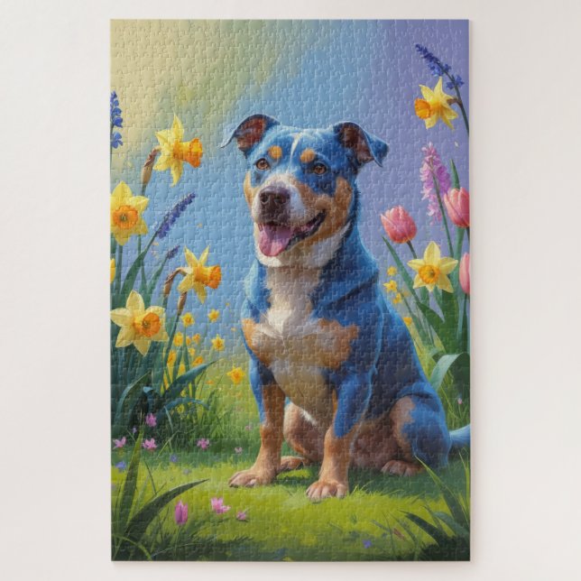 Quebra-cabeça Pintura de Flores de Primavera do Cão Blue Heeler (Vertical)
