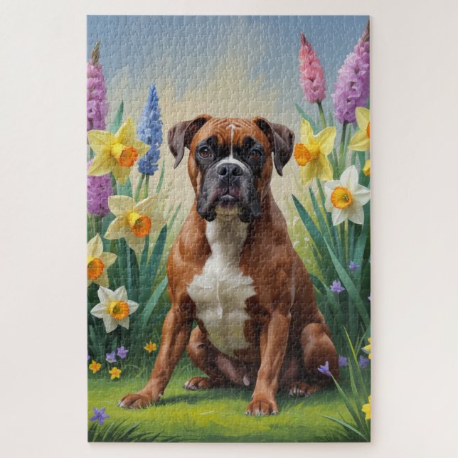 Quebra-cabeça Pintura de Flores de Primavera do Cão Boxer (Vertical)