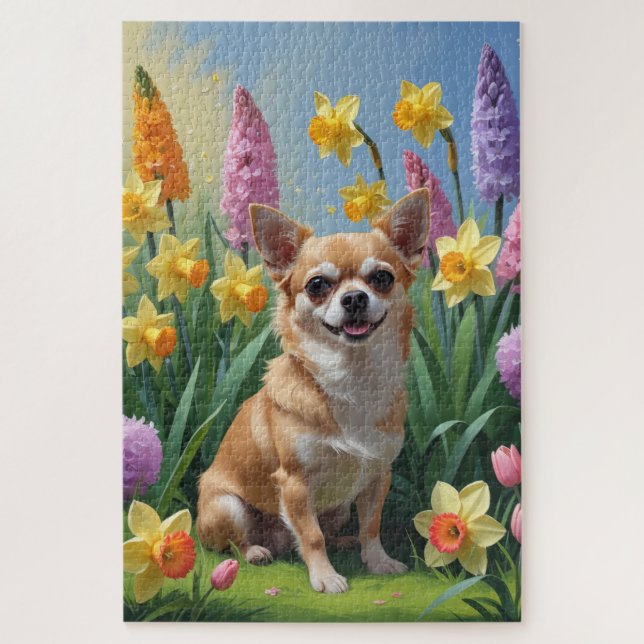 Quebra-cabeça Pintura de Flores de Primavera do Cão Chihuahua (Vertical)