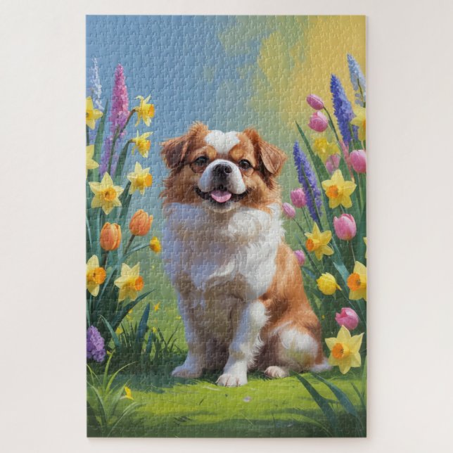Quebra-cabeça Pintura de Flores de Primavera do Cão Chin Japonês (Vertical)