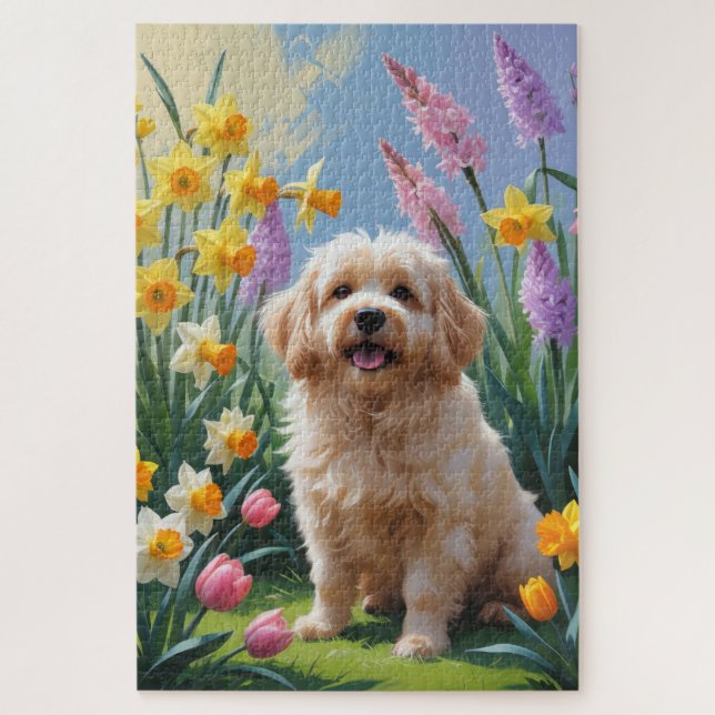 Quebra-cabeça Pintura de Flores de Primavera do Cão Coton De Tul (Vertical)