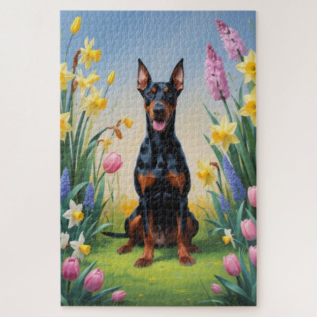 Quebra-cabeça Pintura de Flores de Primavera do Cão Doberman (Vertical)