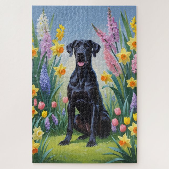 Quebra-cabeça Pintura de Flores de Primavera do Cão Dogue Alemão (Vertical)