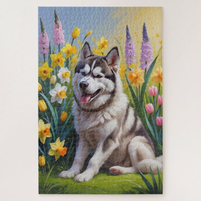 Quebra-cabeça Pintura de Flores de Primavera do Cão Husky Siberi (Vertical)