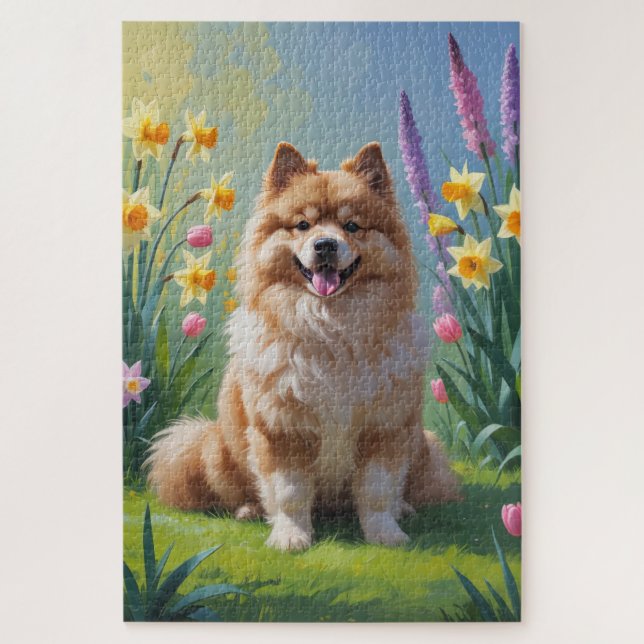 Quebra-cabeça Pintura de Flores de Primavera do Cão Keeshond  (Vertical)