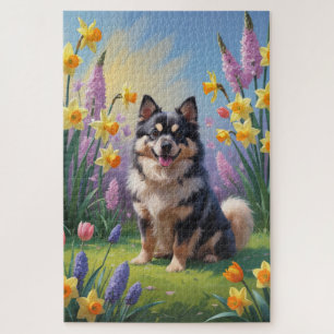 Quebra-cabeça Pintura de Flores de Primavera do Cão Lapphund Fin