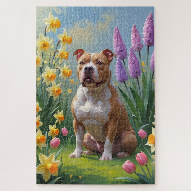 Quebra-cabeça Pintura de Flores de Primavera do Cão Pitbull (Vertical)