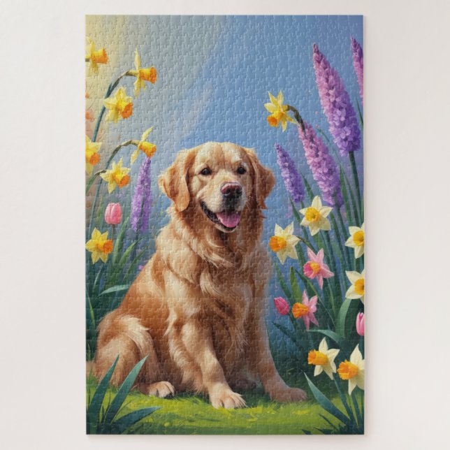 Quebra-cabeça Pintura de Flores de Primavera do Cão Retriever Do (Vertical)