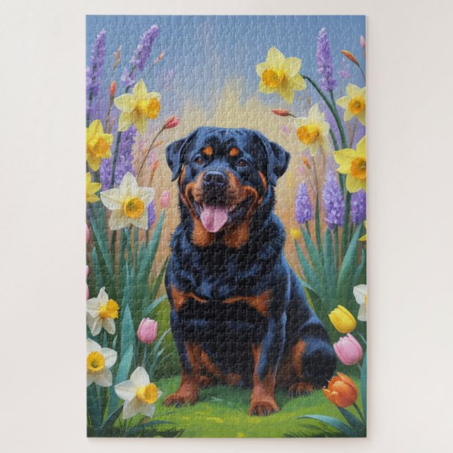 Quebra-cabeça Pintura de Flores de Primavera do Cão Rottweiler (Vertical)