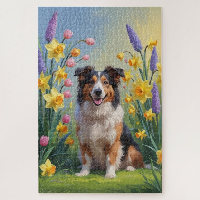 Quebra-cabeça Pintura de Flores de Primavera do Cão Rough Collie (Vertical)