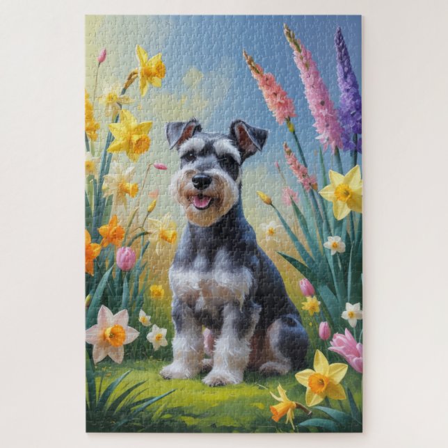 Quebra-cabeça Pintura de Flores de Primavera do Cão Schnauzer (Vertical)