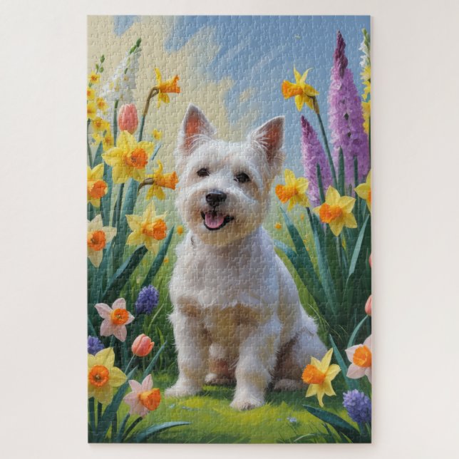 Quebra-cabeça Pintura de Flores de Primavera do Cão Terrier Tibe (Vertical)