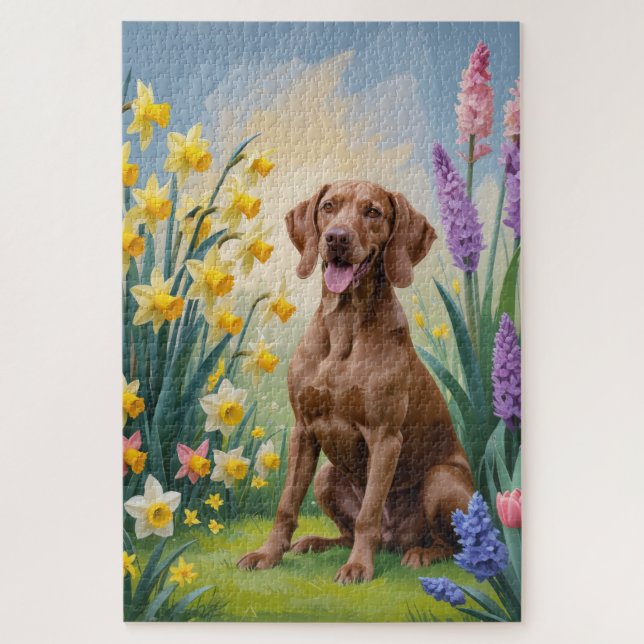 Quebra-cabeça Pintura de Flores de Primavera do Cão Vizsla (Vertical)