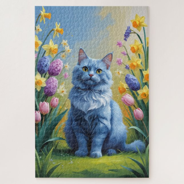 Quebra-cabeça Pintura de Flores de Primavera do Gato Azul Russo (Vertical)