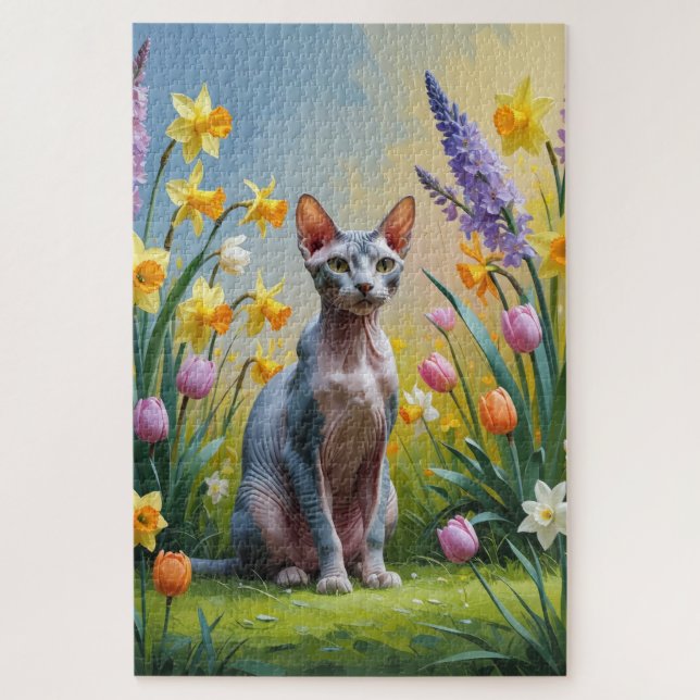 Quebra-cabeça Pintura de Flores de Primavera do Gato Sphynx (Vertical)
