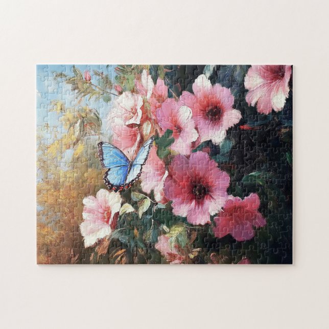 Quebra-cabeça Pintura de Flores Rosa Azul Borboleta (Horizontal)