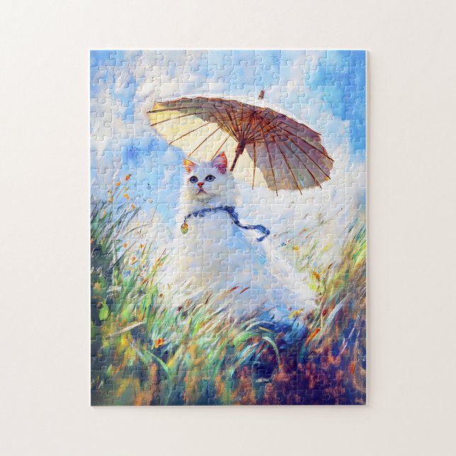 Quebra-cabeça Pintura de Gato Branco com Parasol em Campo de Pip (Vertical)