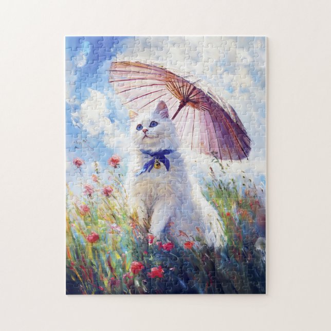 Quebra-cabeça Pintura de Gato Branco com Parasol em Campo de Pip (Vertical)